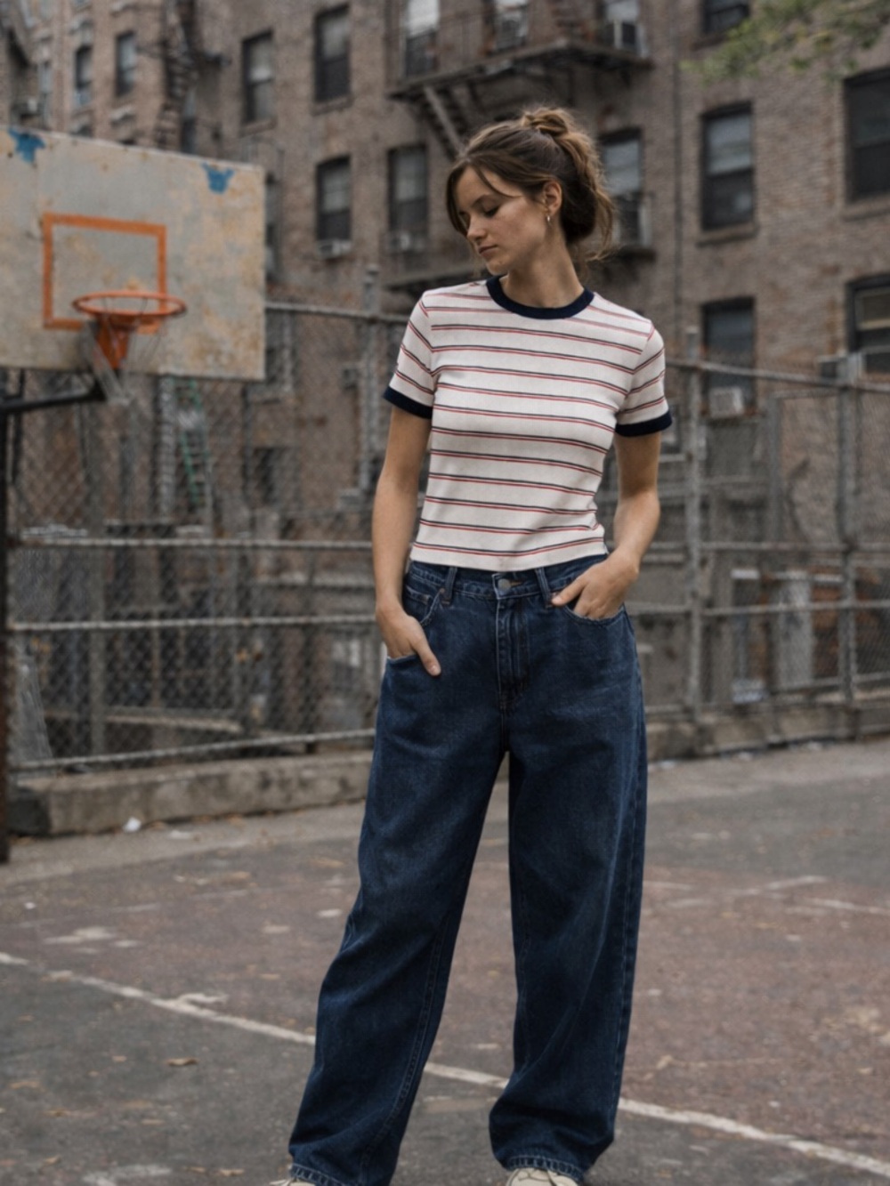 gaze White/Cream Striped Short Sleeve Ringer Tee